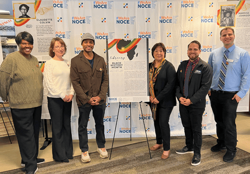 A group photo of Anaheim City Council Members Norma Kurtz and Carlos Leon with NOCCCD Chancellor Dr. Byron Clift Breland, NOCE President Valentina Purtell, FJUHSD Board of Trustees President Dr. Vicki Calhoun and NOCCCD Student Trustee Robert Johnson.